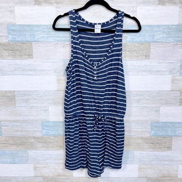 STARS ABOVE Soft Stretchy Hacci Knit Pajama Romper Blue White Striped Womens XS - Picture 1 of 5